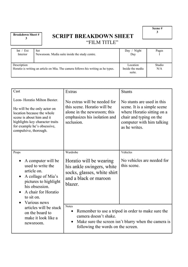 Script breakdown sheet- Newsroom | PDF