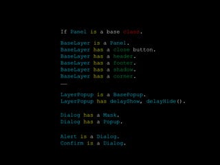 If  Panel   is  a base  class . Dialog   has  a  Mask . Dialog   has  a  Popup . LayerPopup   is  a  BasePopup . LayerPopup  has   delayShow ,  delayHide (). BaseLayer   is  a  Panel . BaseLayer   has  a  close  button. BaseLayer   has  a  header . BaseLayer   has  a  footer . BaseLayer   has  a  shadow . BaseLayer   has  a  corner . ……  Alert   is  a  Dialog. Confirm   is  a  Dialog . 