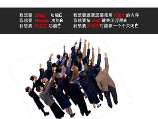 我想要  Drag   功能… 我想要  Resize   功能… 我想要  自适应  功能… 我想要遮罩层要使用 尽量小 的内存 我想要按 ESC 键关闭浮层… 我想要 多浮层 时能够一个个关闭… 