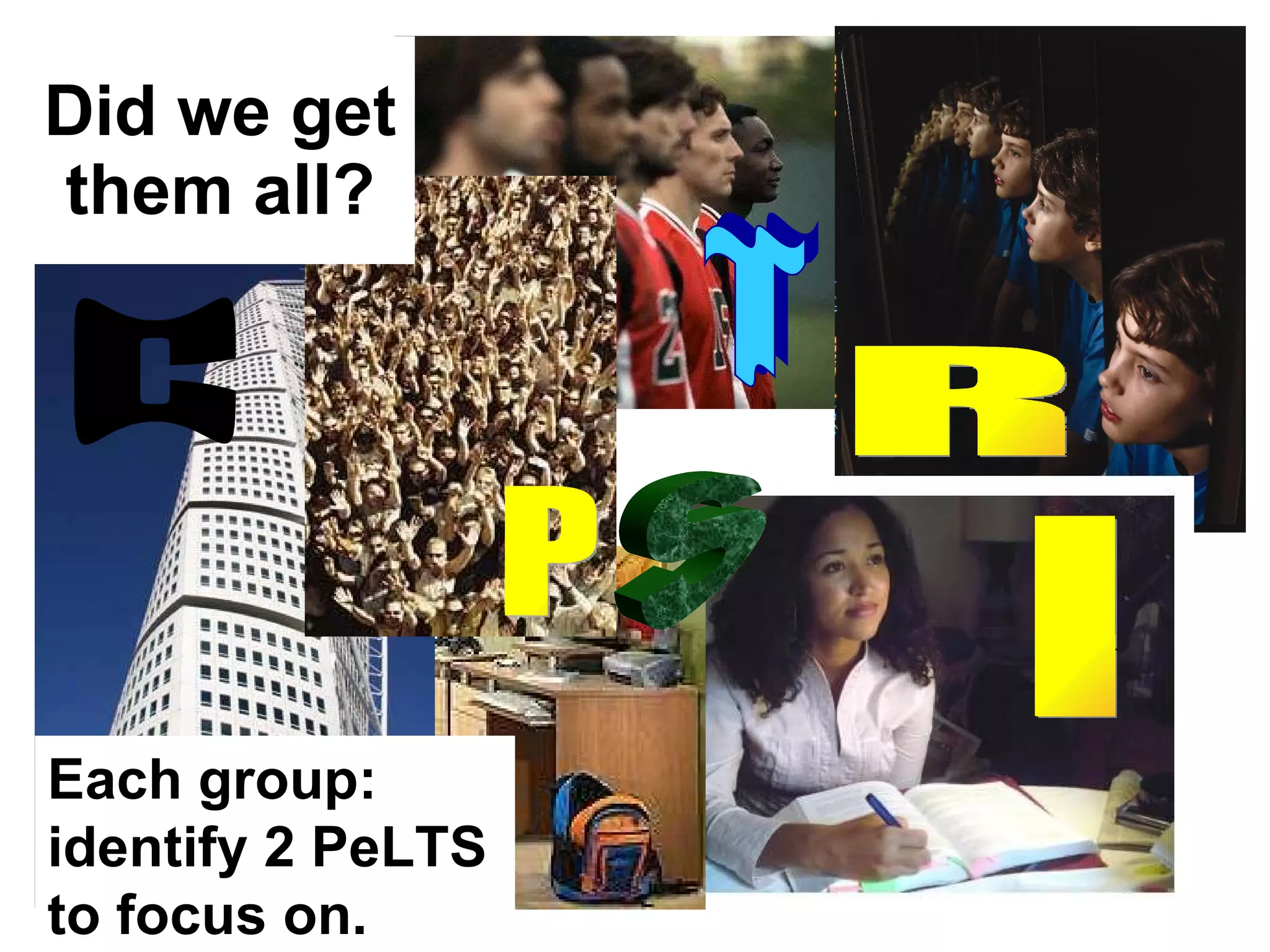 Did we get them all? S C R I P T Each group: identify 2 PeLTS to focus on. 