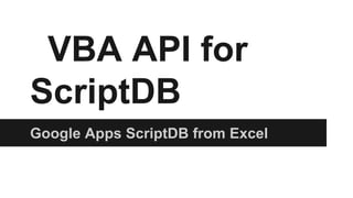 VBA API for
ScriptDB
Google Apps ScriptDB from Excel

 