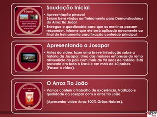 Saudação Inicial
• Apresentação pessoal
Sejam bem vindas ao Treinamento para Demonstradoras
do Arroz Tio João!
• Entregue o questionário para que as meninas possam
responder. Informe que ele será aplicado novamente ao
final do treinamento para fixação conteúdo principal.
Apresentando a Josapar
• Antes do vídeo, fazer uma breve introdução sobre a
história da Josapar. Uma das maiores empresas do ramo
alimentício do país com mais de 90 anos de história. Está
presente em todo o Brasil e em mais de 40 países.
(Passar o vídeo).
O Arroz Tio João
• Vamos conferir o trabalho de excelência, tradição e
qualidade da Josapar com o arroz Tio João.
(Apresentar vídeo Arroz 100% Grãos Nobres).
 