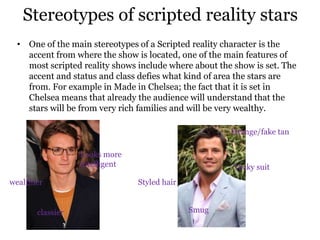 Stereotypes of scripted reality stars
  • One of the main stereotypes of a Scripted reality character is the
    accent from where the show is located, one of the main features of
    most scripted reality shows include where about the show is set. The
    accent and status and class defies what kind of area the stars are
    from. For example in Made in Chelsea; the fact that it is set in
    Chelsea means that already the audience will understand that the
    stars will be from very rich families and will be very wealthy.

                                                       Orange/fake tan

                  Looks more
                  intelligent                           Tacky suit
wealthier                       Styled hair


       classier                               Smug
 