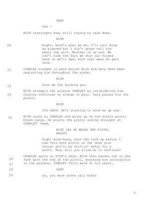 5
GARY
She -
NICK interrupts him, still trying to calm down.
NICK
Right, here’s what we do. I’ll call Alex
as planned but I ain’t gonna tell him
about the girl. Neither of us are. We
can’t hide the fact we shot our friend
here so we’ll deal with that when he gets
here.
CHARLES screams in pain whilst Nick and Gary have been
neglecting him throughout the scene.
NICK
Give me the fucking gun.
NICK attempts the silence CHARLES by intimidating him.
Charles continues to scream in pain. Gary passes him the
pistol.
NICK
(To GARY) He’s starting to wind me up now.
NICK turns to CHARLES and walks up to him within point-
blank range. He points the pistol aiming straight at
CHARLES’ head.
NICK (AS HE WAVES THE PISTOL
ABOUT)
Right knob-head, shut the fuck up before I
ram this here pistol so far down your
throat you’ll be shittin’ metal for a
month. Now, will you allow me to continue?
CHARLES spits on NICK’s shoe. NICK then bashes him in the
face with the end of the pistol, knocking him unconscious
in the process. CHARLES falls back in his chair.
GARY
So, you were gonna call Alex?
20
21
22
23
24
25
26
27
28
29
 
