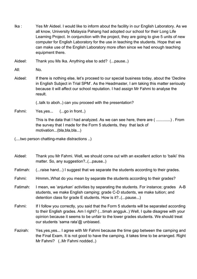 Script for english meeting | DOCX | Educational Assessment | Education