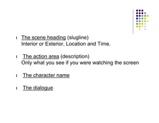 l   The scene heading (slugline)
    Interior or Exterior, Location and Time.

l   The action area (description)
    Only what you see if you were watching the screen

l   The character name

l   The dialogue
 