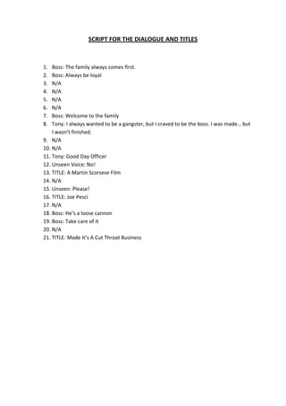 SCRIPT FOR THE DIALOGUE AND TITLES 

                                           
1.  Boss: The family always comes first. 
2.  Boss: Always be loyal 
3.  N/A 
4.  N/A 
5.  N/A 
6.  N/A 
7.  Boss: Welcome to the family 
8.  Tony: I always wanted to be a gangster, but I craved to be the boss. I was made… but 
    I wasn’t finished. 
9. N/A 
10. N/A 
11. Tony: Good Day Officer 
12. Unseen Voice: No! 
13. TITLE: A Martin Scorsese Film 
14. N/A 
15. Unseen: Please! 
16. TITLE: Joe Pesci 
17. N/A 
18. Boss: He’s a loose cannon 
19. Boss: Take care of it 
20. N/A 
21. TITLE: Made It’s A Cut Throat Business 
 