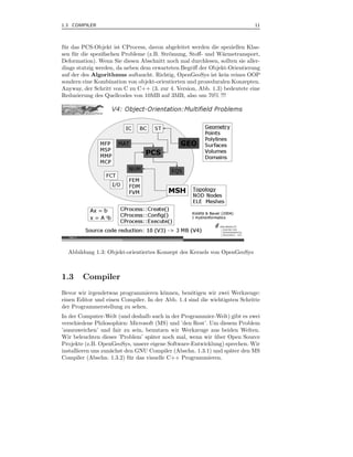 1.3 COMPILER                                                                11



f¨ r das PCS-Objekt ist CProcess, davon abgeleitet werden die speziellen Klas-
 u
sen f¨ r die speziﬁschen Probleme (z.B. Str¨mung, Stoﬀ- und W¨rmetransport,
      u                                    o                   a
Deformation). Wenn Sie diesen Abschnitt noch mal durchlesen, sollten sie aller-
dings stutzig werden, da neben dem erwarteten Begriﬀ der Objekt-Orientierung
auf der des Algorithmus auftaucht. Richtig, OpenGeoSys ist kein reines OOP
sondern eine Kombination von objekt-orientierten und prozeduralen Konzepten.
Anyway, der Schritt von C zu C++ (3. zur 4. Version, Abb. 1.3) bedeutete eine
Reduzierung des Quellcodes von 10MB auf 3MB, also um 70% !!!




  Abbildung 1.3: Objekt-orientiertes Konzept des Kernels von OpenGeoSys



1.3     Compiler
Bevor wir irgendetwas programmieren k¨nnen, ben¨tigen wir zwei Werkzeuge:
                                       o          o
einen Editor und einen Compiler. In der Abb. 1.4 sind die wichtigsten Schritte
der Programmerstellung zu sehen.
In der Computer-Welt (und deshalb auch in der Programmier-Welt) gibt es zwei
verschiedene Philosophien: Microsoft (MS) und ’den Rest’. Um diesem Problem
’auszuweichen’ und fair zu sein, benutzen wir Werkzeuge aus beiden Welten.
Wir beleuchten dieses ’Problem’ sp¨ter noch mal, wenn wir uber Open Source
                                    a                      ¨
Projekte (z.B. OpenGeoSys, unsere eigene Software-Entwicklung) sprechen. Wir
installieren uns zun¨chst den GNU Compiler (Abschn. 1.3.1) und sp¨ter den MS
                    a                                            a
Compiler (Abschn. 1.3.2) f¨ r das visuelle C++ Programmieren.
                           u
 