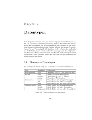 Kapitel 2

Datentypen

Jede Programmiersprache bietet die Verwendung elementarer Datentypen an,
wie z.B. Ganzzahlen oder Gleitkommazahlen, logische Ausdr¨ cke oder Zeichen-
                                                          u
ketten. Die Besonderheit von objekt-orientierten (OO) Sprachen ist die Erstel-
lung benutzerdeﬁnierter Datentypen. Dies war schon in der Sprache C mit sog.
’typedef struct’ Typen m¨glich. OO Sprachen, wie C++, bieten aber noch mehr
                        o
an, die Verkn¨ pfung von benutzerdeﬁnierten Datentypen mit den entsprechen-
              u
den Methoden. Diese Konstrukte nennt man Klassen, aber darum geht es erst
im n¨chsten Kapitel. Zun¨chst m¨ ssen wir uns (kurz) mit den handels¨ blichen
     a                   a       u                                   u
Datentypen herumschlagen.



2.1     Elementare Datentypen
                                    ¨
Die nachfolgende Tabelle zeigt eine Ubersicht der elementaren Datentypen.

 Typ                 Bezeichner    Erl¨uterung
                                      a
 Wahrheitswerte      bool          Wert kann true (=1) oder false (=0) sein
 Zeichen             char          Zeichen, statische Zeichenketten
                     wchar t       ’wide character type’ (≥ 2 Byte)
                     string        Dynamische Zeichenketten
 Ganzzahlen          short         Ganze Zahlen mit geringer Genauigkeit
                     int           Ganze Zahlen mit hoher Genauigkeit
                     long          Ganze Zahlen mit sehr hoher Genauigkeit
 Gleitpunktzahlen    ﬂoat          Reelle Zahlen mit geringer Genauigkeit
                     double        Reelle Zahlen mit hoher Genauigkeit
                     long double   Reelle Zahlen mit sehr hoher Genauigkeit

                            ¨
               Tabelle 2.1: Ubersicht elementarer Datentypen


                                     18
 