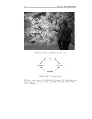 22                                              KAPITEL 3 EIN- UND AUSGABE



.




               Abbildung 3.1: Wissenschaftliche Visualisierung



                                    ios


                    istream                     ostream


                                 iostream

                     Abbildung 3.2: I/O stream Klassen

Die Klasse iostream geht durch Mehrfachvererbung aus den Klassen istream
und ostream hervor. iostream stellt damit die Funktionalit¨t beider I/O Klas-
                                                          a
sen zu Verf¨ gung.
           u
 