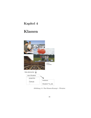 Kapitel 4

Klassen




                                source:
                                TU Dresden




Data abstraction

    class CStudent
       properties
       ...                Instances
       methods
       ...                CStudent *m_std;


              Abbildung 4.1: Das Klassen-Konzept - CStudent




                                      26
 