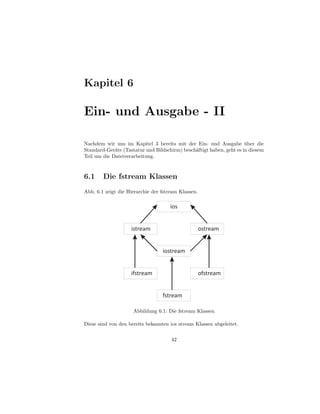 Kapitel 6

Ein- und Ausgabe - II

Nachdem wir uns im Kapitel 3 bereits mit der Ein- und Ausgabe uber die¨
Standard-Ger¨te (Tastatur und Bildschirm) besch¨ftigt haben, geht es in diesem
             a                                 a
Teil um die Dateiverarbeitung.



6.1     Die fstream Klassen
Abb. 6.1 zeigt die Hierarchie der fstream Klassen.

                                     ios


                    istream                          ostream


                                  iostream


                    ifstream                         ofstream


                                  fstream

                     Abbildung 6.1: Die fstream Klassen

Diese sind von den bereits bekannten ios stream Klassen abgeleitet.

                                      42
 