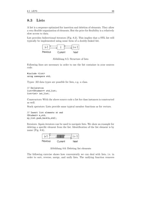8.3 LISTS                                                                         69



8.3      Lists
A list is a sequence optimized for insertion and deletion of elements. They allow
a very ﬂexible organization of elements. But the price for ﬂexibility is a relatively
slow access to data.
List provides bidirectional iterators (Fig. 8.3). This implies that a STL list will
typically be implemented using some form of a doubly-linked list.




                         Abbildung 8.5: Structure of lists

Following lines are necessary in order to use the list container in your sources
code.

#include <list>
using namespace std;

Types: All data types are possible for lists, e.g. a class.

// Declaration
list<CStudent*> std_list;
list<int> int_list;

Constructors: With the above source code a list for class instances is constructed
as well.
Stack operators: Lists provide same typical member functions as for vectors.

// Insert list elements at end
CStudent* m_std;
my_list.push_back(m_std);

Iterators: Again iterators can be used to navigate lists. We show an example for
deleting a speciﬁc element from the list. Identiﬁcation of the list element is by
name (Fig. 8.6).




                      Abbildung 8.6: Deleting list elements

The following exercise shows how conveniently we can deal with lists, i.e. in
order to sort, reverse, merge, and unify lists. The unifying function removes
 