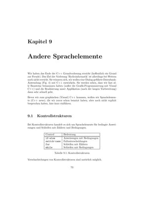 Kapitel 9

Andere Sprachelemente

Wir haben das Ende der C++ Grundvorlesung erreicht (hoﬀentlich ein Grund
zur Freude). Das Ziel der Vorlesung ’Hydroinformatik’ ist allerdings bei Weitem
noch nicht erreicht. Sie erinnern sich, wir wollen eine Dialog-gef¨hrte Datenbank-
                                                                  u
Anwendung (Fig. 4) mit C++ entwickeln. Sie werden sehen, dass wir fast al-
le Bausteine beisammen haben (außer die Graﬁk-Programmierung mit Visual
C++) und die Realisierung unser Applikation (nach der langen Vorbereitung)
dann sehr schnell geht.

Bevor wir zum graphischen (Visual) C++ kommen, wollen wir Sprachelemen-
te (C++ news), die wir zuvor schon benutzt haben, aber noch nicht explizit
besprochen haben, hier kurz einf¨ hren.
                                u



9.1     Kontrollstrukturen

Bei Kontrollstrukturen handelt es sich um Sprachelemente f¨ r bedingte Anwei-
                                                          u
sungen und Schleifen mit Z¨hlern und Bedingungen.
                          a

                Control          Bedeutung
                if-else          Anweisungen mit Bedingungen
                switch-case      Fallunterscheidungen
                for              Schleifen mit Z¨hlern
                                                a
                while            Schleifen mit Bedingungen

                        Tabelle 9.1: Kontrollstrukturen

Verschachtelungen von Kontrollstrukturen sind nat¨ rlich m¨glich.
                                                 u        o

                                       73
 