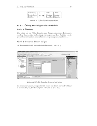 10.4 DAS .NET FORMULAR                                                     97



               Bedeutung       C++       MFC         .NET
               Zeichenkette    string    CString     String^
               ListBox         -         CListBox    ListBox

                  Tabelle 10.2: Vergleich von Daten-Typen


10.4.3    ¨
          Ubung: Hinzufugen von Funktionen
                       ¨
           ¨
Schritt 1: Uberlegen

Was wollen wir tun ? Eine Funktion zum Anlegen eines neuen Datensatzes
erstellen. Eine perfekte Vorbereitung w¨re es gewesen, diese Funktion bereits
                                       a
geschrieben und in einem kleinen Konsolenprogramm getestet zu haben ...


Schritt 2: Resourcen-Element anlegen

Die Schaltﬂ¨che einfach auf das Formualfeld ziehen (Abb. 10.7).
           a




             Abbildung 10.7: Die Formular-Resource bearbeiten

Um herauszubekommen, was passiert ist, suchen wir einfach mal nach button3
in unserem Projekt. Das Suchergebnis sehen wir in Abb. 10.8.
 