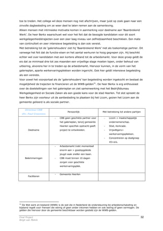 toe te treden. Het college wil deze mensen nog niet afschrijven, maar juist op zoek gaan naar een
zinvolle dagbesteding om ze weer deel te laten nemen aan de samenleving.
Alleen mensen met intrinsieke motivatie komen in aanmerking voor deelname aan ‘Baanbrekend
Werk’. De heer Berkx waarschuwt wel voor het feit dat de beoogde kandidaten voor dit soort
werkgelegenheidstrajecten over een zeer laag niveau van zelfredzaamheid beschikken. Een mate
van continuïteit en zeer intensieve begeleiding is dan ook vereist.
Met betrekking tot de ‘galeriehouders’ ziet hij ‘Baanbrekend Werk’ niet als toekomstige partner. Dit
vanwege het feit dat de functie-eisen en het aantal werkuren te hoog gegrepen zijn. Hij beschikt
echter wel over kandidaten met een kortere afstand tot de arbeidsmarkt. Voor deze groep geldt de
eis dat ze minimaal drie tot zes maanden een vrijwillige stage moeten lopen, onder behoud van
uitkering, alvorens her in te treden op de arbeidsmarkt. Hiervoor kunnen, in de vorm van het
galerieplan, aparte werkervaringsplekken worden ingericht. Ook hier geldt intensieve begeleiding
als een vereiste.
Voor zowel het voorportaal als de ‘galeriehouders’ kan begeleiding worden ingekocht en bestaat de
mogelijkheid de trajecten te financieren uit de WWB-gelden31. De heer Berkx is erg enthousiast
over de doelstellingen van het galerieplan en ziet samenwerking met het Bedrijfsbureau
Werkgelegenheid en Sociale Zaken als een goede kans voor de stad Heerlen. Tot slot spreekt de
heer Berkx zijn voorkeur uit de aanbesteding te plaatsen bij het Licom, gezien het Licom aan de
gemeente gelieerd is als sociale partner.


     Directeur CBB
                                         Persoonlijk                   Met betrekking tot andere partijen
  dhr. Paul Creemers
                              -   CBB geen geschikte partner voor        -   Licom > maatschappelijk
                                  het galerieplan, tenzij gemeente           ondernemerschap.
                                  Heerlen specifiek opdracht geeft       -   Stiel, Kerkrade.
        Deelname                  project te ontwikkelen.                -   Vrijwilligers>
                                                                             werkervaringsplekken.
                                                                         -   Concentreren op doelgroep
                                                                             45+ers.
                              -   Arbeidsmarkt trekt momenteel
                                  enorm aan > goedopgeleide
                                  jeugd vaak sneller een baan.
     Belemmeringen            -   CBB moet binnen 10 dagen
                                  zorgen voor geschikte
                                  werkervaringsplek.


                              -   Gemeente Heerlen
        Faciliteren




31
   De Wet werk en bijstand (WWB) is de wet die in Nederland de ondersteuning bij arbeidsinschakeling en
bijstand regelt voor mensen die weinig of geen ander inkomen hebben en ook weinig of geen vermogen. De
gelden die hiervoor door de gemeente beschikbaar worden gesteld zijn de WWB-gelden.


Final Project                                                                                             32
Birgit van Melick
 