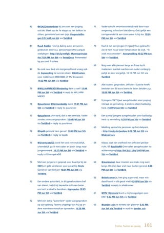 82   @PZHZGrootenboer bij ons was een poging            71   Vader schuift verantwoordelijkheid door naar
     suïcide, bleek op de 1e etage op het balkon te          omgeving, school en blackberry. Ook gelijk een
     zitten, genietend van een ijsje. #tegenstellin-         corrigerende tik aan zoon waar ik bij sta. 10:24
     gen 9:52 AM Jun 6th via TwitBird                        PM Jun 5th via TwitBird


81   Ruud_Bakker Sterke daling auto- en wonin-          70   Had ik net een jongen (13 jaar) thuis gebracht.
     ginbraken door o.a. persoonsgerichte aanpak             Zie ik hem nu al weer fietsen door de wijk. “ik
     veelplegers http://bit.ly/mtFpki #Paretoprincipe        zoek mijn moeder”. #zorgmelding 10:22 PM Jun
     #in 7:59 AM Jun 6th via TweetDeck Retweeted             5th via TwitBird
     by you and 7 others
                                                        69   Nog even alle pleinen langs en frisse lucht
80   Nu ook naar bed om morgenochtend vroeg ook              inademen. Aantal reacties van ouders onbegrij-
     de #opvoeding te kunnen doen! #Weltrusten,              pelijk en zeer zorgelijk. 10:10 PM Jun 5th via
     voor meldingen 0900-8844 of 112 bij spoed.              TwitBird
     11:52 PM Jun 5th via TwitBird
                                                        68   Alle ouders gesproken. Officier v Justitie heeft
79   @WILLIAMMIERO @liesbethg dank u wel! 11:44              besloten om 50 euro boete te laten betalen p.p.
     PM Jun 5th via TwitBird in reply to WILLIAM-            10:09 PM Jun 5th via TwitBird
     MIERO
                                                        67   6 jongens 10/15 jaar aangehouden voor poging
78   @puurleven @Hermandaddy dank 11:41 PM Jun               inbraak cq vernieling. 3 andere alleen baldadig-
     5th via TwitBird in reply to puurleven                  heid. 7:38 PM Jun 5th via TwitBird


77   @puurleven uiteraard, dat is een vereiste. Vader   66   Een aantal jongens aangehouden voor baldadig-
     zonder zoon aangesproken. 10:44 PM Jun 5th              heid cq vernieling. 6:39 PM Jun 5th via TwitBird
     via TwitBird in reply to puurleven
                                                        65   Melding verdachte personen op het dakpark.
76   @lopdb gebruik hem gerust! 10:40 PM Jun 5th             - http://moby.to/jwebpu 6:25 PM Jun 5th via
     via TwitBird in reply to lopdb                          Mobypicture


75   @GivernyakaGG vond het ook niet makkelijk,         64   Klasse, wat een snelheid met officieel persbe-
     uiteindelijk ga ik met vader en zoon langs naar         richt. RT @politieRR Overvaller aangehouden na
     jongerenwerk. 10:37 PM Jun 5th via TwitBird in          achtervolging http://bit.ly/j11j8q 5:40 PM Jun
     reply to GivernyakaGG                                   5th via TwitBird


74   Met een jongere in gesprek over baantje bij de     63   @Jeandaman daar moeten we straks nog even
     #KFC en geld verdienen voor vakantie #trots             langs. We zijn daar snel naar buiten gerend. 4:48
     Geniet er van Serkan! 10:34 PM Jun 5th via              PM Jun 5th via TwitBird
     TwitBird
                                                        62   @elsekramer ja, het ging supersnel, maar mis-
73   Een andere autoriteit, in dit geval oudere chef         daad loont in dit geval niet! 4:24 PM Jun 5th via
     van dienst, helpt bij bepaalde culturen beter           TwitBird in reply to elsekramer
     om toch je doel te bereiken. #opvoeden 10:29
     PM Jun 5th via TwitBird                            61   @RTV_Rijnmond kunt u mij terugvolgen voor
                                                             DM? 4:22 PM Jun 5th via TwitBird
72   Met een extra “autoriteit” vader aangesproken
     op zijn gedrag. Tevens uitgelegd dat hij op an-    60   @sander_sch zie tweets van gisteren 3:15 PM
     dere manieren moet/kan opvoeden. 10:26 PM               Jun 5th via TwitBird in reply to sander_sch
     Jun 5th via TwitBird




                                                                           Politie, Twitter en gezag   101
 