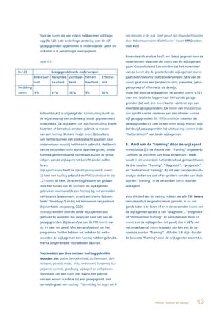 Voor de tweets die een relatie hebben met politiege-          late diensten in de wijk. Geef gerust tips of aandachtspunten
                   zag (N=123) is de onderlinge verdeling over de vijf           door. #doetmaarmelden #Delsfhaven.” (tweet PRRGrooten-
                   gezagsgronden opgenomen in onderstaande tabel. De             boer #20)
                   uitkomst is in percentages weergegeven.
                                                                                 Bovenstaande analyse heeft een beeld gegeven over de
                   tabel 5.3                                                     onderwerpen waarover de tweets van de wijkagenten
                                                                                 gaan. Geconcludeerd kan worden dat het merendeel
N=123                       Gezag gerelateerde onderwerpen                       van de tweets die de geselecteerde wijkagenten sturen
            Bereikbaar- Aanspreek- Zichtbaar- Herken-              Effectivi-    gaan over relevante politieonderwerpen: 58% van de
            heid               baarheid   heid        baarheid     teit          tweets gaat over een persbericht-info, preventie, getui-
Verdeling                                                                        genoproep of informatie uit de wijk.
tweets      9%                 37%        15%         9%           30%           In de 190 door de wijkagenten verzonden tweets is 123
                                                                                 keer een relatie te leggen naar één van de gezags-
                                                                                 gronden (let wel: één tweet kan te relateren zijn aan
                                                                                 meerdere gezagsgronden). De tweets van WijkagentSas-
                   In hoofdstuk 2 is uitgelegd dat framebuilding duidt op        sem zijn 49 keer te relateren aan één of meer van de
                   de wijze waarop een onderwerp wordt gepresenteerd             vijf gezagsgronden. Bij PRRGrootenboer kwamen de
                   in de media. De wijkagent kan zijn framebuilding kracht       gezagsgronden 74 keer in een tweet terug. Hieruit blijkt
                   bijzetten of benadrukken door gebruik te maken                dat de vijf gezagsgronden tot uitdrukking komen in de
                   van een hashtag (#teken) in zijn tweet. Gebruikers            “twitterstroom” van beide wijkagenten.
                   van Twitter kunnen een zoekopdracht plaatsen naar
                   onderwerpen waarbij het teken is gebruikt. Het bereik         3. Aard van de “framing” door de wijkagent
                   van de verzonden tweet wordt daarmee groter, omdat            In hoofdstuk 2 is de theorie over “framing” uitgewerkt.
                   hiermee geïnteresseerde twitteraars buiten de groep           Conform de inzichten van Snow en Benford (1988)
                   volgers van de wijkagent het bericht eerder zullen            wordt in dit onderzoek het onderscheid gemaakt tussen
                   lezen.                                                        de drie soorten “framing”: “diagnostic”, “prognostic”
                   WijkagentSassem heeft in zijn 69 geanalyseerde tweets         en “motivational framing”. Bij dit deel van de inhouds-
                   33 keer een hashtag gebruikt en PRRGrootenboer in zijn        analyse stellen we vast of er sprake is van één van deze
                   121 tweets 60 keer. Deze meting hebben we gedaan              soorten “framing” in de verzonden tweets door de
                   door het turven van de hashtags. De wijkagenten               wijkagent.
                   gebruiken voornamelijk een hashtag bij het vermelden
                   van locaties (plaatsnaam, straat) een thema (bijvoor-         Voor dit deel van de meting hebben we alle 190 tweets
                   beeld “loverboys”) en bij het benoemen van partners           bestudeerd uit de geselecteerde periode. In na vol-
                   (bijvoorbeeld Jeugdzorg, GGD).                                gende tabel is te lezen of er in de verzonden tweets van
                   Hashtags worden door de beide wijkagenten ook                 de wijkagenten sprake is van “diagnostic”, “prognostic”
                   gebruikt bij woorden die verwijzen naar één van de            of “motivational framing”. In aantallen was dit in 41
                   gezagsgronden. Bij de analyse van de 190 tweets was           tweets van de wijkagenten het geval; dus in 22% van
                   dit 14 keer het geval. Met een analysetool van het            het totaal aantal tweets is sprake van één van de ge-
                   programma Twitter hebben we bekeken bij welke                 noemde soorten “framing”. Uit tabel 5.4 blijkt dus dat
                   woorden de wijkagenten een hashtag hebben gebruikt.           de bewuste “framing” door de wijkagenten beperkt is.
                   Hierna volgen enkele voorbeelden daarvan.


                   Voorbeelden van deze met een hashtag gebruikte
                   woorden zijn: politie, betrokkenheid, durftemelden, durf-
                   tevragen, geweld, imago, trots, vertrouwen, burgernet, bur-
                   gerpanel, controle, goedbezig, wijkagent en zelfoplossen.
                   Voorbeeld van een tweet met daarin het gebruik
                   van een woord in relatie tot een gezagsgrond, met
                   vermelding van een hashtag: “Vanmiddag het begin van 4




                                                                                                       Politie, Twitter en gezag        43
 