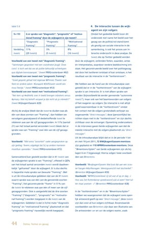 tabel 5.4                                                                             4. De interactie tussen de wijk-
                                                                                      agent en zijn volgers
  N=190        Is er sprake van “diagnostic”, “prognostic” of “motiva-                Omdat het gedeelde beeld (voor dit
               tional framing” door de wijkagent in zijn tweet?                       onderzoek met name het beeld over het
               “Diagnostic            “Prognostic              “Motivational          gezag van de politie) tot stand komt
               framing”               framing”                 framing”               als gevolg van sociale interactie in de
  Verdeling    11%                    3%                       8%                     samenleving, is ook het proces van in-
  tweets       (20 tweets)            (5 tweets)               (16 tweets)            teractie onderzocht in deze analyse. De
                                                                                      tweets die op Twitter gedeeld worden
Voorbeeld van een tweet met “diagnostic framing”:                     door de wijkagent, verbinden feiten, waarden, acties
“Vanmorgen gesproken met een coordinator jeugd. Onze                  en interpretaties, waardoor verdere beeldvorming ont-
concl. is toch wel dat we als politie behoorlijk achterlopen          staat. Het geconstrueerde beeld over het politiegezag
qua digitale kennis/aanpak.” (tweet PRRGrootenboer #92)               dat door het twitteren ontstaat of kan ontstaan, is het
Voorbeeld van een tweet met “prognostic framing”:                     resultaat van de interactie in de “twitterstroom”.
“Goed gesprek gehad met eigenaar @Prinses Theater over
feest en andere zaken. #lunapark #Delfshaven wordt een                We hebben aan de hand van de inhoudsanalyse vast-
mooi feestje.” (tweet PRRGrootenboer #53)                             gesteld dat er in de “twitterstroom” van de wijkagent
Voorbeeld van een tweet met “motivational framing”:                   sprake is van interactie. Er is niet alleen sprake van
“Net item op #editieNL over in beeld brengen inbrekers versus         zenden (bijvoorbeeld de eerder genoemde “autonome
#privacy. Wat mij betreft verspeel je dat recht als je inbreekt!”     tweets”), maar ook van het beantwoorden van volgers
(tweet WijkagentSassem #20)                                           of het reageren op volgers. De interactie is niet altijd
                                                                      goed waarneembaar in de “twitterstroom” omdat
Als bij de analyse bleek dat de tweet te duiden was als               het contact met de volgers grotendeels verloopt via
één van deze vormen van “framing”, dan hebben we                      zogenaamde “direct-messages”; deze (persoonlijke) be-
vervolgens geanalyseerd of desbetreffende tweet te                    richten staan niet in de “twitterstroom” en zijn slechts
relateren was aan de vijf gezagsgronden. In 11% (aantal               zichtbaar voor de ontvanger. Opmerking onderzoekers:
21) van het totaal aantal verzonden tweets bleek dat er               in de interviews gaven beide wijkagenten aan dat de
sprake was van “framing” over één van de vijf gezags-                 meeste interactie met de volgers plaatsvindt via “direct-
gronden.                                                              messages”.
                                                                      Uit de inhoudsanalyse blijkt dat er in de periode 1 tot
Voorbeeld: “Met extra “autoriteit” vader aangesproken op              en met 14 juni 2011, 72 @WijkagentSassem-mentions
zijn gedrag. Tevens uitgelegd dat hij op andere manieren              zijn geplaatst en 110 @PRRGrootenboer-mentions. Deze
moet/kan opvoeden.” (tweet PRRGrootenboer #72)                        “@mentions-lijsten” van beide wijkagenten zijn als bij-
                                                                      lagen 6 en 7 bijgevoegd. Hierna volgen twee voorbeel-
Samenvattend kan gesteld worden dat in 41 tweets van                  den van @mentions.
de wijkagenten sprake is van “framing”; oftewel in 22%
van het totaal aantal verzonden tweets wordt daadwer-                 Voorbeeld: “@wijkagentSassem Wat kost dat aan een scoo-
kelijk “geframed” door de wijkagent. Er is dus slechts                ter hangen #durftevragen. Meningsverschil met dochterlief.”
in beperkte mate sprake van bewuste “framing”. Wel                    (@mention WijkagentSassem #59)
is uit de inhoudsanalyse gebleken dat van de 41 tweets                Voorbeeld: “@PRRGrootenboer Jij lult wat af op zn dag :-)
waarin sprake was van één van de genoemde soorten                     Hoe was het Rotterdamse spreekwoord ook al weer? Niet lul-
“framing”, het geconstrueerde “frame” in 51% van                      len maar poetsen :-)” (@mention PRRGrootenboer #28)
de tweets te relateren was aan één of meer van de vijf
gezagsgronden. Ook is vastgesteld dat de drie soorten                 In de “twitterstromen” en in de “@mentions-lijsten”
“framing” (“diagnostic”, “prognostic” en “motivatio-                  hebben we waargenomen dat de wijkagent soms open-
nal framing”) worden toegepast in de tweets van de                    lijk antwoord geeft op een “direct-message”; deze tweets
wijkagenten. Gebleken is dat in lichte mate “diagnostic               zijn dan voor al hun volgers zichtbaar. Bovenstaande
framing” en “motivational framing” plaatsvindt en dat                 voorbeelden van @mentions zijn daar een illustratie van.
“prognostic framing” nauwelijks wordt toegepast.                      De antwoorden van en aan de volgers waren, zoals




44          Politie, Twitter en gezag
 