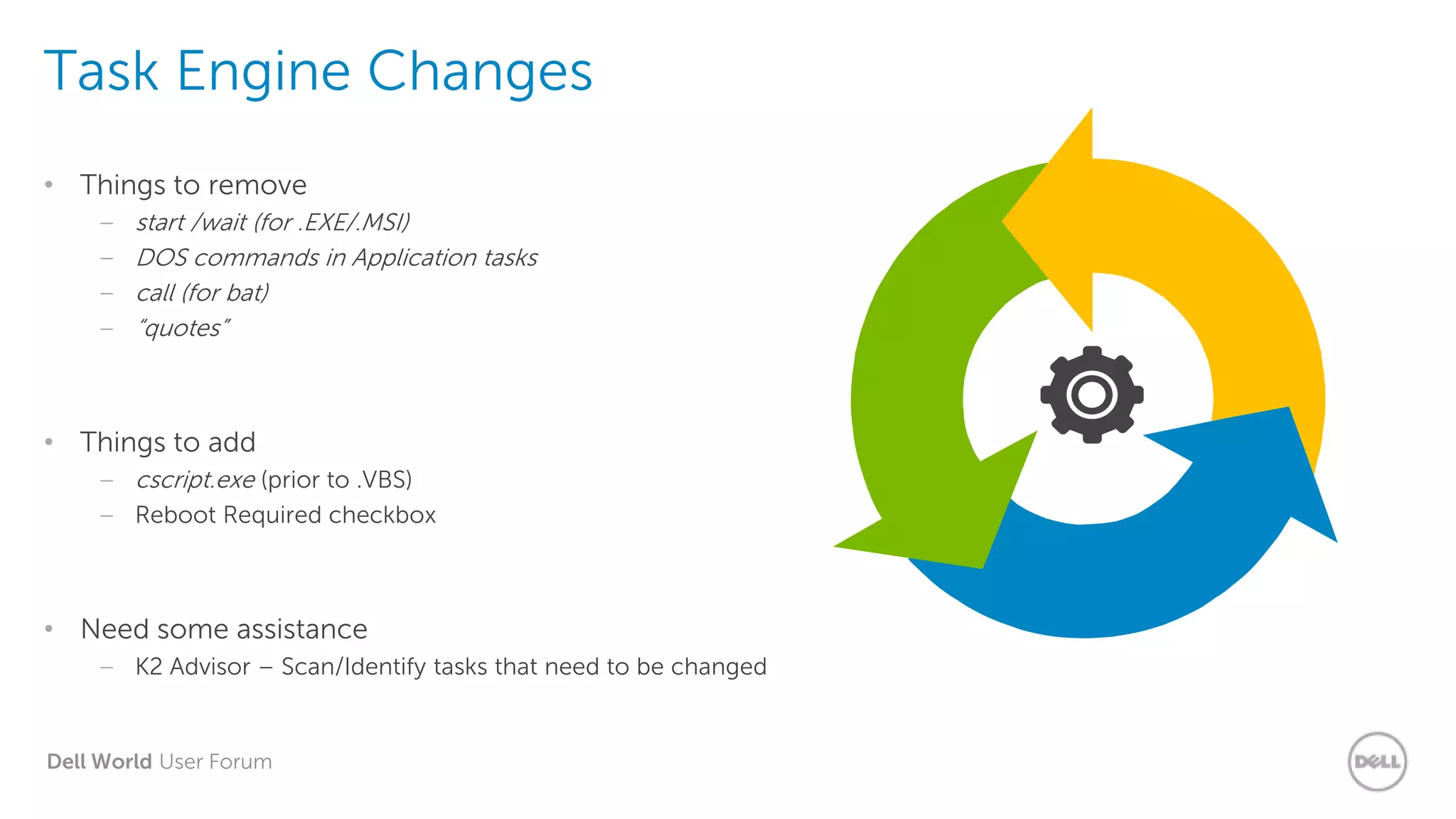 Dell World User Forum
Task Engine Changes
• Things to remove
– start /wait (for .EXE/.MSI)
– DOS commands in Application tasks
– call (for bat)
– “quotes”
• Things to add
– cscript.exe (prior to .VBS)
– Reboot Required checkbox
• Need some assistance
– K2 Advisor – Scan/Identify tasks that need to be changed
 