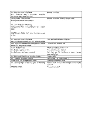 Int. Shot of couple in hallway
Rory shaking Holly’s shoulders roughly,
becoming aggressive/physical
Musical interlude
(B&W) Insert shot of blood
Bloody tissue from Holly’s nose
Int. Shot of couple in hallway
Holly pushes Rory away, and turns to bedroom
door.
(B&W) Insertshotof Hollyremovingmakeupand
crying
Musical interlude (intro piano) – 15 sec
Int. Shot of couple in hallway
He turnsHollyroundand hits her across the face
“And we live in a beautiful world”
Shotof picture frame to reflecta previous, more
happy life they once shared
“Yeah we do/Yeah we do”
Insert shot of roses “We live in a beautiful world”
Int. Blood dripping in sink “Bones sinking like stones”
Int. Bathroom- girl leant over sink “All that we fall for/homes, places we’ve
grown/all of us”
Int. Shot of Girl looking at blood on fingers “are done for”
Int. Close-up of bloody fingers “Oh/all that I’ve know, there’s”
Close-up of ring being thrown away “nothing here to run from”
Int.Close-upof girl lip-syncing lyrics to the song. “’Cause yeah,everybodyhere’sgotsomebodyto
lean on”
FADE TO BLACK. *music interlude*
 