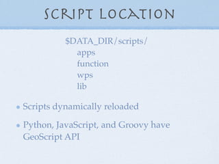 Script Location
$DATA_DIR/scripts/
apps
function
wps
lib
Scripts dynamically reloaded
Python, JavaScript, and Groovy have
GeoScript API
 