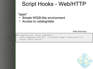Script Hooks - Web/HTTP &quot;apps&quot; Simple WGSI-like environment Access to catalog/data def app(environ, start_response):     start_response('200 OK', [('Content-type','text/plain')])     return 'Hello world!' Hello World App 