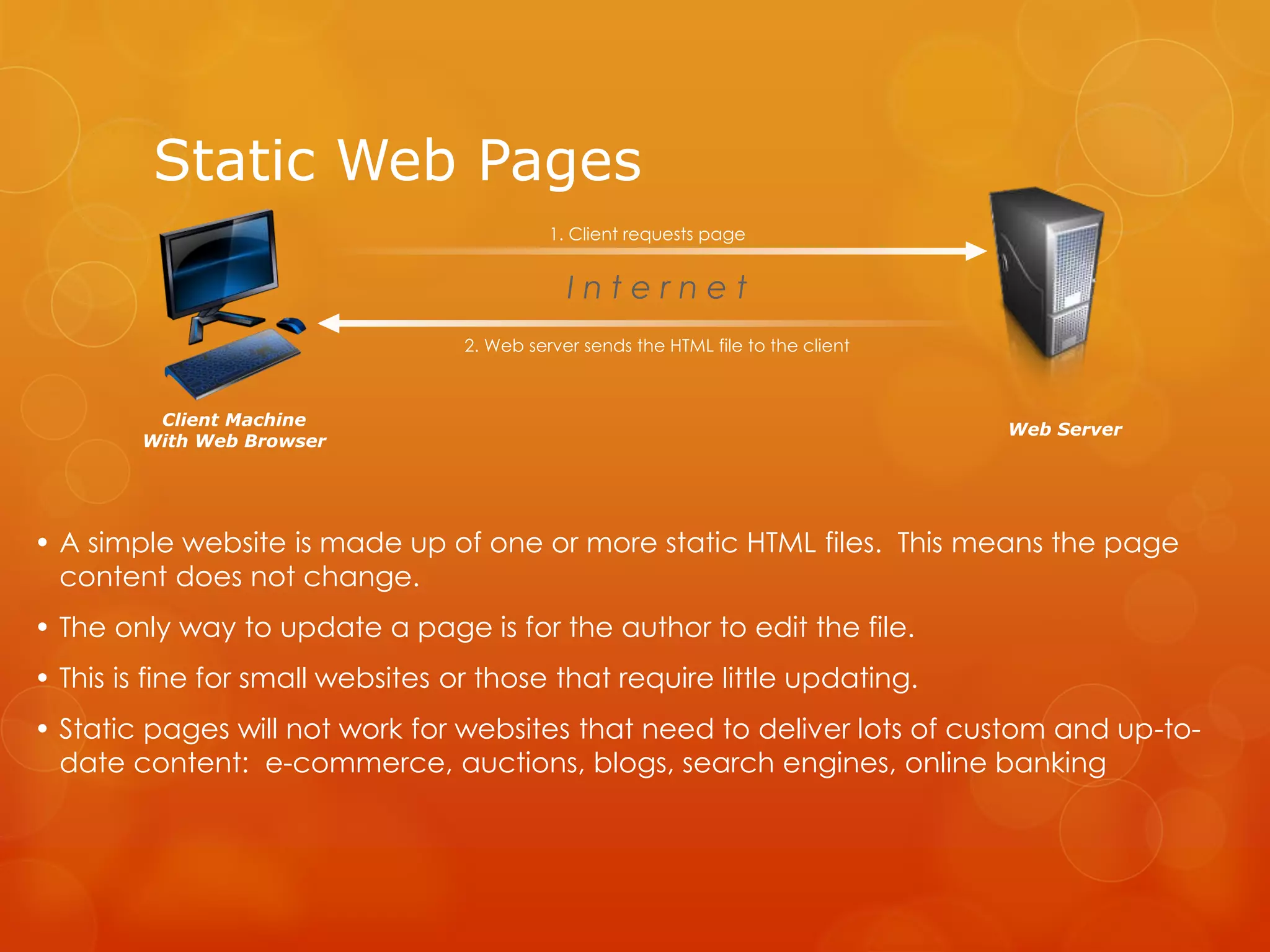 I n t e r n e t
1. Client requests page
2. Web server sends the HTML file to the client
Web Server
Client Machine
With Web Browser
• A simple website is made up of one or more static HTML files. This means the page
content does not change.
• The only way to update a page is for the author to edit the file.
• This is fine for small websites or those that require little updating.
• Static pages will not work for websites that need to deliver lots of custom and up-to-
date content: e-commerce, auctions, blogs, search engines, online banking
Static Web Pages
 