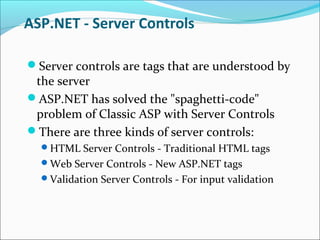 ASP.NET - Server Controls
Server controls are tags that are understood by
the server
ASP.NET has solved the "spaghetti-code"
problem of Classic ASP with Server Controls
There are three kinds of server controls:
HTML Server Controls - Traditional HTML tags
Web Server Controls - New ASP.NET tags
Validation Server Controls - For input validation
 