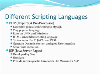 Different Scripting Languages
PHP (Hypertext Pre-Processor)
Especially good at connecting to MySQL
Very popular language
Runs on UNIX and Windows
HTML-embedded scripting language
Syntax looks like C, JAVA, and PERL
Generate Dynamic content and good User Interface
Server side execution
JSP (Java Server Pages)
Developed by Sun
Uses Java
Provide server-specific framework like Microsoft’s ASP
 
