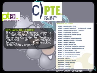 RESUMEN DEL CURSO
El curso de CPTEngineer presenta
la información basado en 5
Elementos Clave del Pen Testing :
Obtención ...