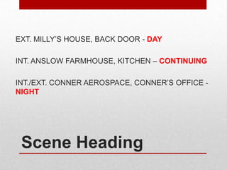 EXT. MILLY’S HOUSE, BACK DOOR - DAY

INT. ANSLOW FARMHOUSE, KITCHEN – CONTINUING
INT./EXT. CONNER AEROSPACE, CONNER’S OFFICE NIGHT

Scene Heading

 