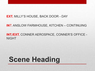 EXT. MILLY’S HOUSE, BACK DOOR - DAY

INT. ANSLOW FARMHOUSE, KITCHEN – CONTINUING
INT./EXT. CONNER AEROSPACE, CONNER’S OFFICE NIGHT

Scene Heading

 