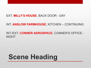 EXT. MILLY’S HOUSE, BACK DOOR - DAY

INT. ANSLOW FARMHOUSE, KITCHEN – CONTINUING
INT./EXT. CONNER AEROSPACE, CONNER’S OFFICE NIGHT

Scene Heading

 