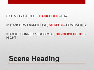 EXT. MILLY’S HOUSE, BACK DOOR - DAY

INT. ANSLOW FARMHOUSE, KITCHEN – CONTINUING
INT./EXT. CONNER AEROSPACE, CONNER’S OFFICE NIGHT

Scene Heading

 