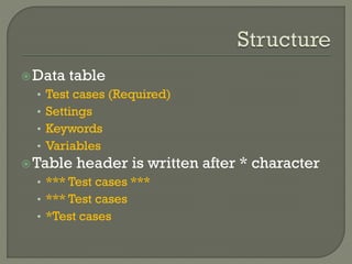 Data table 
• Test cases (Required) 
• Settings 
• Keywords 
• Variables 
Table header is written after * character 
• *** Test cases *** 
• *** Test cases 
• *Test cases 
 