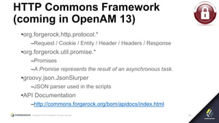 Copyright © 2015 ForgeRock, all rights reserved. 32
HTTP Commons Framework
(coming in OpenAM 13)
•org.forgerock.http.protocol.*
–Request / Cookie / Entity / Header / Headers / Response
•org.forgerock.util.promise.*
–Promises
–A Promise represents the result of an asynchronous task.
•groovy.json.JsonSlurper
–JSON parser used in the scripts
•API Documentation
–http://commons.forgerock.org/bom/apidocs/index.html
 