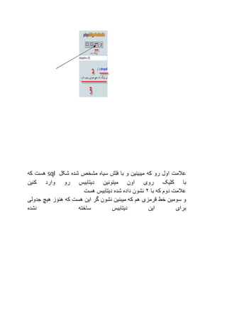 ‫ﻋﻼﻣﺖ اول رو ﮐﮫ ﻣﯿﺒﯿﻨﯿﻦ و ﺑﺎ ﻓﻠﺶ ﺳﯿﺎه ﻣﺸﺨﺺ ﺷﺪه ﺷﮑﻞ ‪ sql‬ھﺴﺖ ﮐﮫ‬
‫ﺑﺎ ﮐﻠﯿﮏ روی اون ﻣﯿﺘﻮﻧﯿﻦ دﯾﺘﺎﺑﯿﺲ رو وارد ﮐﻨﯿﻦ‬
                      ‫ﻋﻼﻣﺖ دوم ﮐﮫ ﺑﺎ ٢ ﻧﺸﻮن داده ﺷﺪه دﯾﺘﺎﺑﯿﺲ ھﺴﺖ‬
‫و ﺳﻮﻣﯿﻦ ﺧﻂ ﻗﺮﻣﺰی ھﻢ ﮐﮫ ﻣﯿﺒﻨﯿﻦ ﻧﺸﻮن ﮔﺮ اﯾﻦ ھﺴﺖ ﮐﮫ ھﻨﻮز ھﯿﭻ ﺟﺪوﻟﯽ‬
‫ﻧﺸﺪه‬                ‫ﺳﺎﺧﺘﮫ‬        ‫دﯾﺘﺎﺑﯿﺲ‬         ‫اﯾﻦ‬         ‫ﺑﺮای‬
 