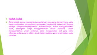  Naskah (Script)
 Script adalah skema representasi pengetahuan yang sama dengan frame, yaitu
merepresentasikan pengetahuan berdasarkan karakteristik yang sudah dukenal
sebagai pengalaman-pengalaman. Perbedaannya, frame menggambarkan
objek, sedangkan script menggambarkan urutan peristiwa. Dalam
menggambarkan urutan peristiwa, script menggunakan slot yang berisi
informasi tentang orang, objek, dan tindakan-tindakan yang terjadi dalam suatu
peristiwa.
 