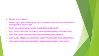  Elemen script meliputi:
1. Kondisi input, yaitu kondisi yang harus pdipenuhi sebelum terjadi atau berlaku
suatu peristiwa dalam script.
2. Track, yaitu variasi yang mungkin terjadi dalam suatu script.
3. Prop, berisi objek-objek pendukung yang digunakan selama peristiwa terjadi.
4. Role, Yaitu peran yang dimainkan oleh seseorang dalam peristiwa.
5. Scene, yaitu adegan yang dimainkan yang menjadi bagian dari suatu peristiwa.
6. Hasil, yaitu kondisi yang ada setelah urutan peristiwa dalam script terjadi.
 
