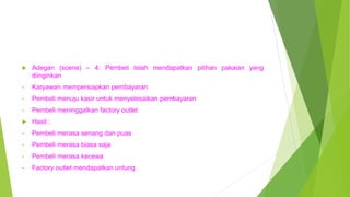  Adegan (scene) – 4: Pembeli telah mendapatkan pilihan pakaian yang
diinginkan
• Karyawan mempersiapkan pembayaran
• Pembeli menuju kasir untuk menyelesaikan pembayaran
• Pembeli meninggalkan factory outlet
 Hasil :
• Pembeli merasa senang dan puas
• Pembeli merasa biasa saja
• Pembeli merasa kecewa
• Factory outlet mendapatkan untung
 
