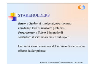STAKEHOLDERS
Buyer o Seeker si rivolge ai programmers
chiedendo loro di risolvere problemi.
Programmer o Solver è in grado di
soddisfare il servizio richiesto dal buyer.

Entrambi sono i consumer del servizio di mediazione
offerto da Scriptlance.


                 Corso di Economia dell’Innovazione a.a. 2011/2012
 