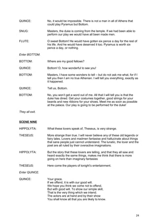 QUINCE:          No, it would be impossible. There is not a man in all of Athens that
                 could play Pyramus but Bottom.

SNUG:            Masters, the duke is coming from the temple. If we had been able to
                 perform our play we would have all been made men.

FLUTE:           O sweet Bottom! He would have gotten six pence a day for the rest of
                 his life. And he would have deserved it too. Pyramus is worth six
                 pence a day, or nothing.

Enter BOTTOM.

BOTTOM:          Where are my good fellows?

QUINCE:          Bottom! O, how wonderful to see you!

BOTTOM:          Masters, I have some wonders to tell – but do not ask me what, for if I
                 tell you then I am no true Athenian. I will tell you everything, exactly as
                 it happened.

QUINCE:          Tell us, Bottom.

BOTTOM:          No, you won’t get a word out of me. All that I will tell you is that the
                 duke has dined. Get your costumes together, good strings for your
                 beards and new ribbons for your shoes. Meet me as soon as possible
                 at the palace. Our play is going to be performed for the duke!

They all exit.


SCENE NINE

HIPPOLYTA:       What these lovers speak of, Theseus, is very strange.

THESEUS:         More strange than true. I will never believe any of these old legends or
                 fairy tales. Lovers and madmen fantasise and hallucinate about things
                 that sane people just cannot understand. The lunatic, the lover and the
                 poet are all ruled by their overactive imaginations.

HIPPOLYTA:       But the story that these lovers are telling, and that they all saw and
                 heard exactly the same things, makes me think that there is more
                 going on here than imaginary fantasies

THESEUS:         Here come the players of tonight’s entertainment.

Enter QUINCE.

QUINCE:          Your grace.
                 If we offend, it is with our good will.
                 We hope you think we come not to offend,
                 But with good will. To show our simple skill,
                 That is the very thing which we intend.
                 The actors are at hand and by their show
                 You shall know all that you are likely to know.




                                                                                          24
 