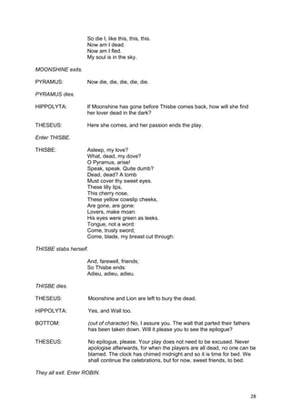 So die I, like this, this, this.
                     Now am I dead.
                     Now am I fled.
                     My soul is in the sky.

MOONSHINE exits.

PYRAMUS:             Now die, die, die, die, die.

PYRAMUS dies.

HIPPOLYTA:           If Moonshine has gone before Thisbe comes back, how will she find
                     her lover dead in the dark?

THESEUS:             Here she comes, and her passion ends the play.

Enter THISBE.

THISBE:              Asleep, my love?
                     What, dead, my dove?
                     O Pyramus, arise!
                     Speak, speak. Quite dumb?
                     Dead, dead? A tomb
                     Must cover thy sweet eyes.
                     These lilly lips,
                     This cherry nose,
                     These yellow cowslip cheeks,
                     Are gone, are gone:
                     Lovers, make moan:
                     His eyes were green as leeks.
                     Tongue, not a word:
                     Come, trusty sword;
                     Come, blade, my breast cut through:

THISBE stabs herself.

                     And, farewell, friends;
                     So Thisbe ends:
                     Adieu, adieu, adieu.

THISBE dies.

THESEUS:              Moonshine and Lion are left to bury the dead.

HIPPOLYTA:            Yes, and Wall too.

BOTTOM:               (out of character) No, I assure you. The wall that parted their fathers
                      has been taken down. Will it please you to see the epilogue?

THESEUS:              No epilogue, please. Your play does not need to be excused. Never
                      apologise afterwards, for when the players are all dead, no one can be
                      blamed. The clock has chimed midnight and so it is time for bed. We
                      shall continue the celebrations, but for now, sweet friends, to bed.

They all exit. Enter ROBIN.



                                                                                                28
 