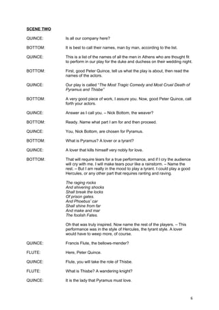 SCENE TWO

QUINCE:     Is all our company here?

BOTTOM:     It is best to call their names, man by man, according to the list.

QUINCE:     This is a list of the names of all the men in Athens who are thought fit
            to perform in our play for the duke and duchess on their wedding night.

BOTTOM:     First, good Peter Quince, tell us what the play is about, then read the
            names of the actors.

QUINCE:     Our play is called “The Most Tragic Comedy and Most Cruel Death of
            Pyramus and Thisbe”

BOTTOM:     A very good piece of work, I assure you. Now, good Peter Quince, call
            forth your actors.

QUINCE:     Answer as I call you. – Nick Bottom, the weaver?

BOTTOM:     Ready. Name what part I am for and then proceed.

QUINCE:     You, Nick Bottom, are chosen for Pyramus.

BOTTOM:     What is Pyramus? A lover or a tyrant?

QUINCE:     A lover that kills himself very nobly for love.

BOTTOM:     That will require tears for a true performance, and if I cry the audience
            will cry with me. I will make tears pour like a rainstorm. – Name the
            rest. – But I am really in the mood to play a tyrant. I could play a good
            Hercules, or any other part that requires ranting and raving.

            The raging rocks
            And shivering shocks
            Shall break the locks
            Of prison gates.
            And Phoebus’ car
            Shall shine from far
            And make and mar
            The foolish Fates.

            Oh that was truly inspired. Now name the rest of the players. – This
            performance was in the style of Hercules, the tyrant style. A lover
            would have to weep more, of course.

QUINCE:     Francis Flute, the bellows-mender?

FLUTE:      Here, Peter Quince.

QUINCE:     Flute, you will take the role of Thisbe.

FLUTE:      What is Thisbe? A wandering knight?

QUINCE:     It is the lady that Pyramus must love.



                                                                                      6
 
