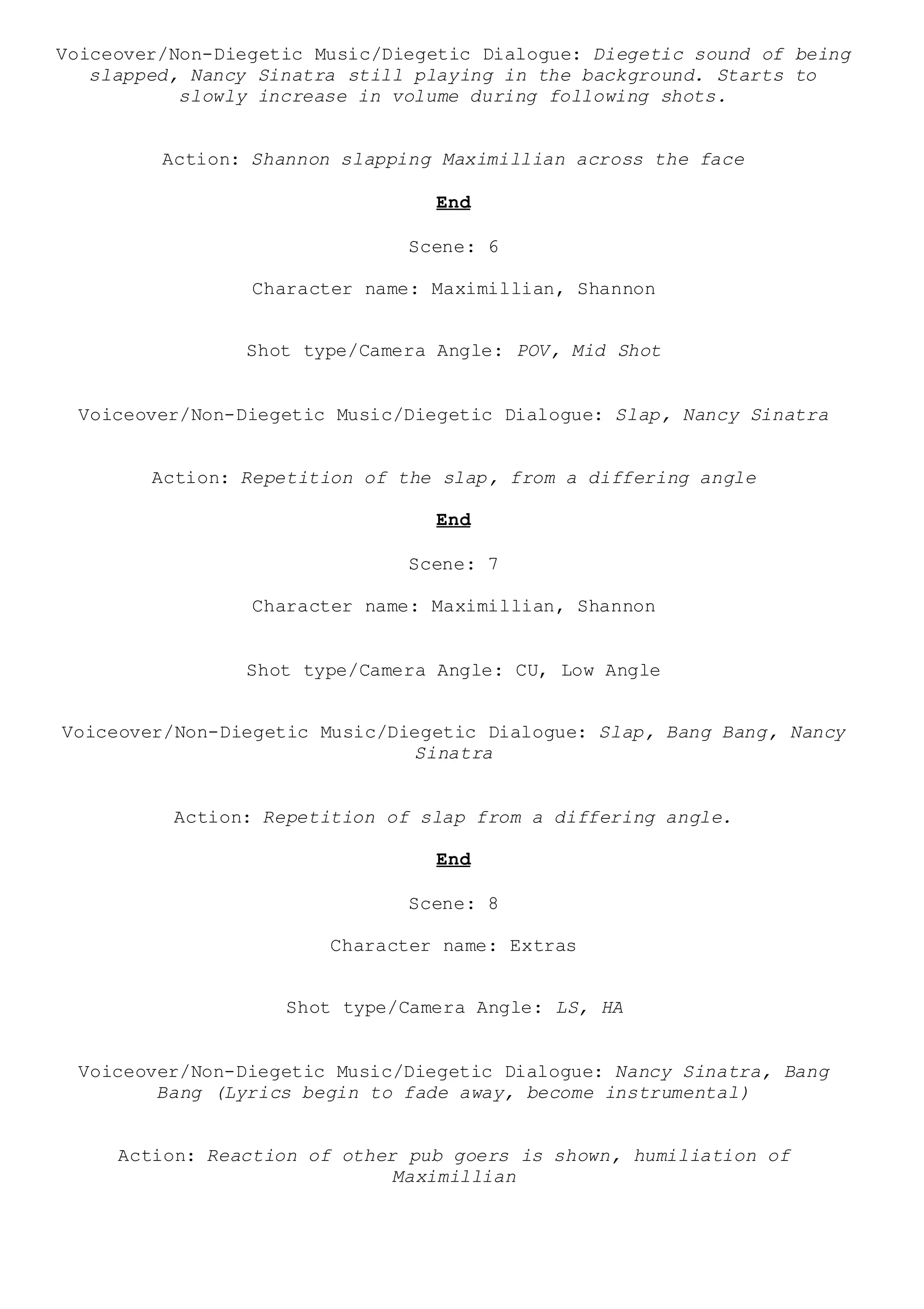 Voiceover/Non-Diegetic Music/Diegetic Dialogue: Diegetic sound of being
slapped, Nancy Sinatra still playing in the background. Starts to
slowly increase in volume during following shots.
Action: Shannon slapping Maximillian across the face
End
Scene: 6
Character name: Maximillian, Shannon
Shot type/Camera Angle: POV, Mid Shot
Voiceover/Non-Diegetic Music/Diegetic Dialogue: Slap, Nancy Sinatra
Action: Repetition of the slap, from a differing angle
End
Scene: 7
Character name: Maximillian, Shannon
Shot type/Camera Angle: CU, Low Angle
Voiceover/Non-Diegetic Music/Diegetic Dialogue: Slap, Bang Bang, Nancy
Sinatra
Action: Repetition of slap from a differing angle.
End
Scene: 8
Character name: Extras
Shot type/Camera Angle: LS, HA
Voiceover/Non-Diegetic Music/Diegetic Dialogue: Nancy Sinatra, Bang
Bang (Lyrics begin to fade away, become instrumental)
Action: Reaction of other pub goers is shown, humiliation of
Maximillian
 
