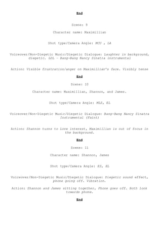 End
Scene: 9
Character name: Maximillian
Shot type/Camera Angle: MCU , LA
Voiceover/Non-Diegetic Music/Diegetic Dialogue: Laughter in background,
diegetic. LDL – Bang-Bang Nancy Sinatra instrumental
Action: Visible frustration/anger on Maximillian’s face. Visibly tense
End
Scene: 10
Character name: Maximillian, Shannon, and James.
Shot type/Camera Angle: MLS, EL
Voiceover/Non-Diegetic Music/Diegetic Dialogue: Bang-Bang Nancy Sinatra
Instrumental (Faint)
Action: Shannon turns to Love interest, Maximillian is out of focus in
the background.
End
Scene: 11
Character name: Shannon, James
Shot type/Camera Angle: ES, EL
Voiceover/Non-Diegetic Music/Diegetic Dialogue: Diegetic sound effect,
phone going off. Vibration.
Action: Shannon and James sitting together, Phone goes off. Both look
towards phone.
End
 