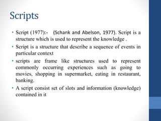 Scripts
• Script (1977):- (Schank and Abelson, 1977). Script is a
structure which is used to represent the knowledge .
• Script is a structure that describe a sequence of events in
particular context
• scripts are frame like structures used to represent
commonly occurring experiences such as going to
movies, shopping in supermarket, eating in restaurant,
banking.
• A script consist set of slots and information (knowledge)
contained in it
 