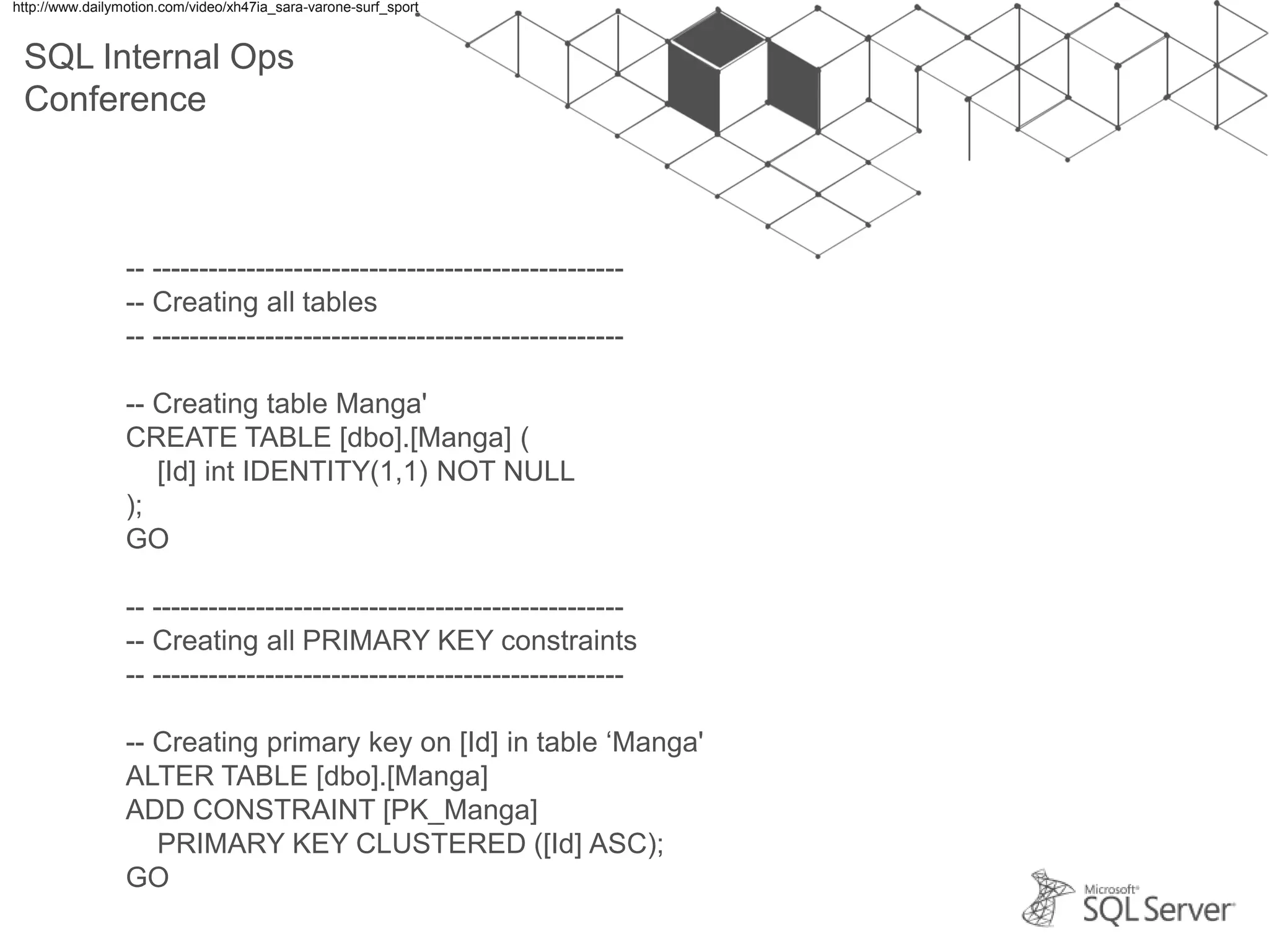 SQL Internal Ops Conference -- -------------------------------------------------- -- Creating all tables -- -------------------------------------------------- -- Creating table Manga' CREATE TABLE [dbo].[Manga] ( [Id] int IDENTITY(1,1) NOT NULL ); GO -- -------------------------------------------------- -- Creating all PRIMARY KEY constraints -- -------------------------------------------------- -- Creating primary key on [Id] in table „Manga' ALTER TABLE [dbo].[Manga] ADD CONSTRAINT [PK_Manga] PRIMARY KEY CLUSTERED ([Id] ASC); GO http://www.dailymotion.com/video/xh47ia_sara-varone-surf_sport 