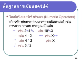 29
พื้นฐานการเขียนสคริปต์
โอเปอร์เรเตอร์เชิงตัวเลข (Numeric Operators)
เกี่ยวข้องกับการคำานวณทางคณิตศาสตร์ เช่น
การบวก การลบ การคูณ เป็นต้น
+ เช่น 2+4 % เช่น 10%3
- เช่น 4 - 2 ++ เช่น X++
* เช่น 4 * 2 - เช่น X-
/ เช่น 5 / 2
 